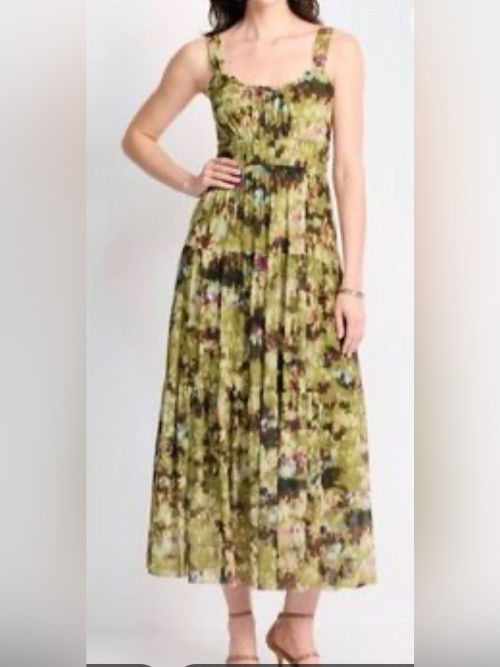 nine britton Olive Green Floral Tiered Maxi Dress with Pink Accents